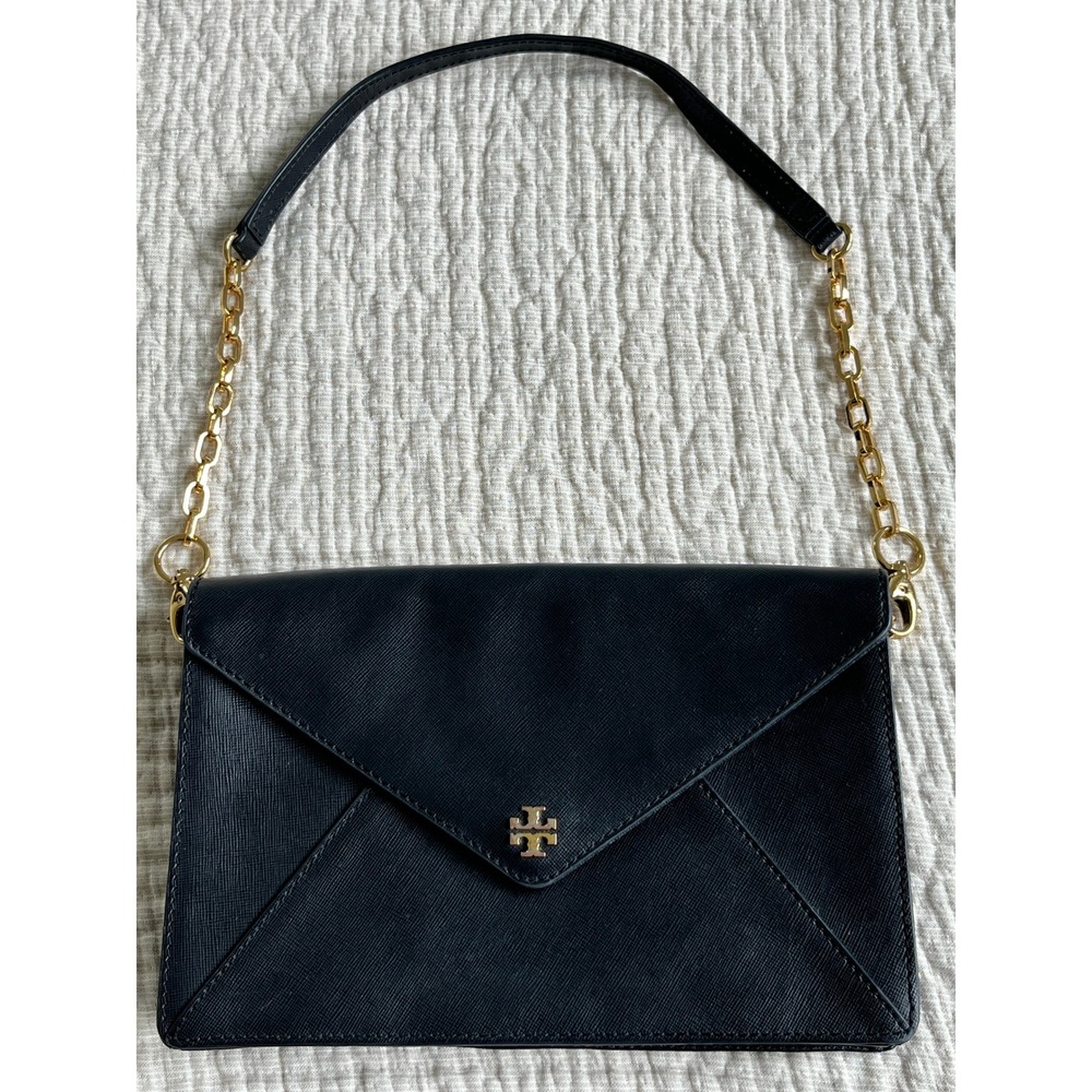Tory Burch Black Saffiano Leather Envelope Clutch Gold Chain Purse Bag